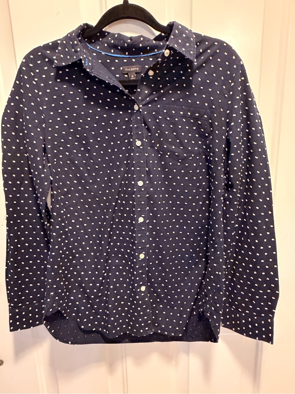 Talbots Navy Button-Down Shirt with White Dot Print — Lightweight Cotton